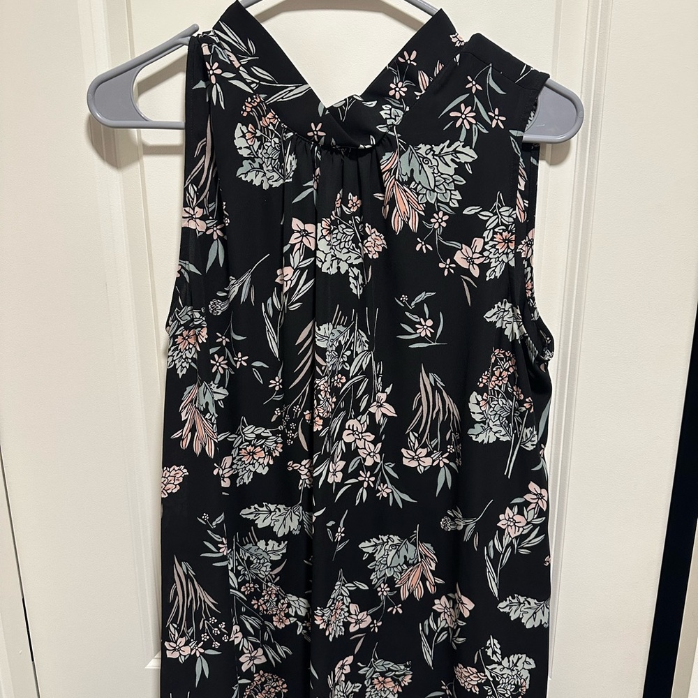 LOFT Black Floral Top with Pink & Sage Accents